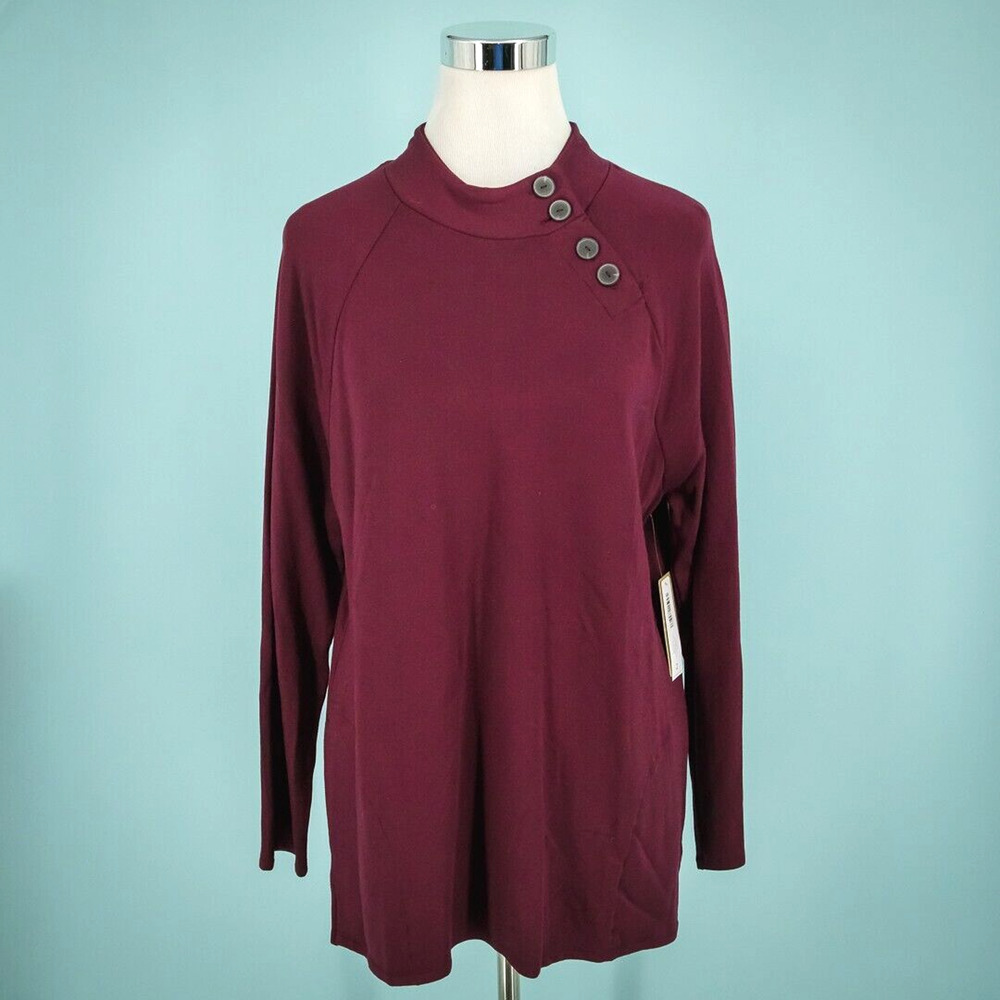 Chico's 2 Size Large L Plum Wine Red Cozisoft Button Mock Long Sleeve Tunic Top